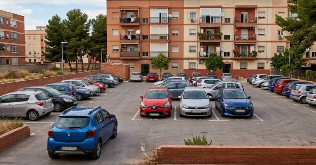 Parking comunitario con varios coches estacionados en zona residencial